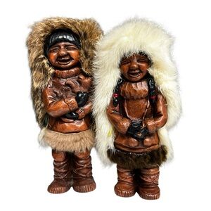 Vintage Inuit Figurines Set Real Fur Parkas Eskimo Carved Figures